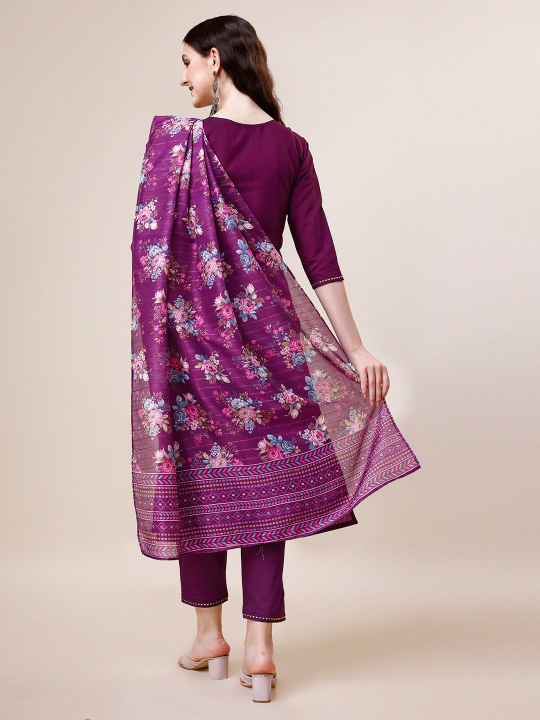Purple Hand Embroidered Kurta With Pant & Printed Dupatta Set, Multicolor - Hiral Fashion