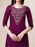 Purple Hand Embroidered Kurta With Pant & Printed Dupatta Set, Multicolor - Hiral Fashion