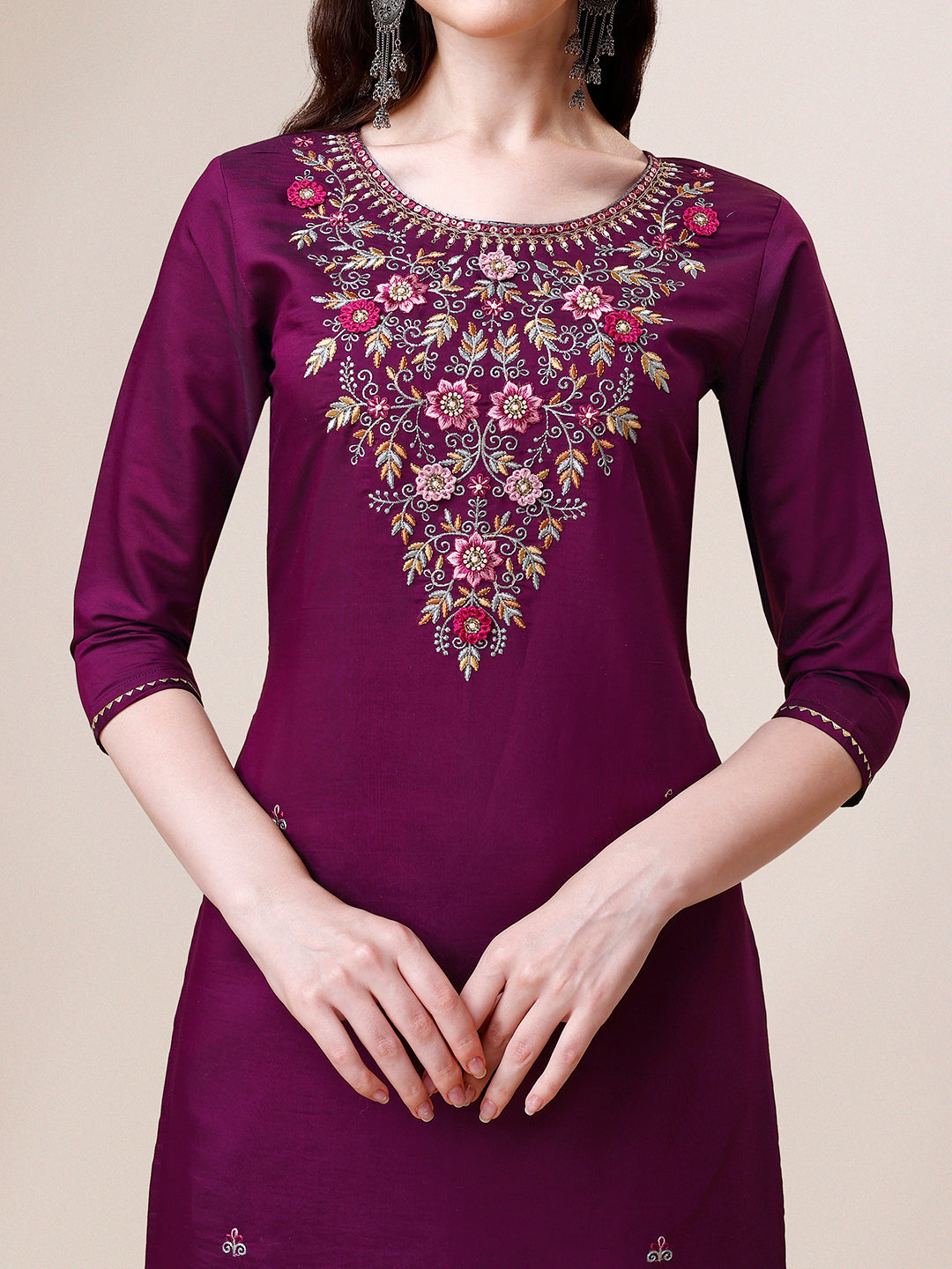 Purple Hand Embroidered Kurta With Pant & Printed Dupatta Set, Multicolor - Hiral Fashion