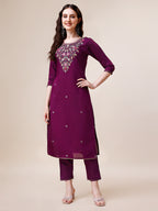 Purple Hand Embroidered Kurta With Pant & Printed Dupatta Set, Multicolor - Hiral Fashion