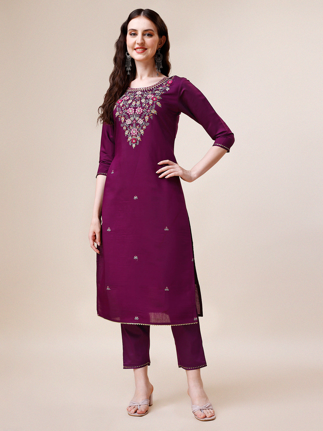 Purple Hand Embroidered Kurta With Pant & Printed Dupatta Set, Multicolor - Hiral Fashion