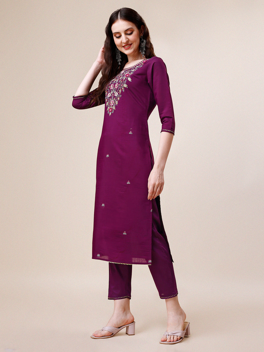 Purple Hand Embroidered Kurta With Pant & Printed Dupatta Set, Multicolor - Hiral Fashion