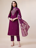 Purple Hand Embroidered Kurta With Pant & Printed Dupatta Set, Multicolor - Hiral Fashion