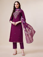 Purple Hand Embroidered Kurta With Pant & Printed Dupatta Set, Multicolor - Hiral Fashion