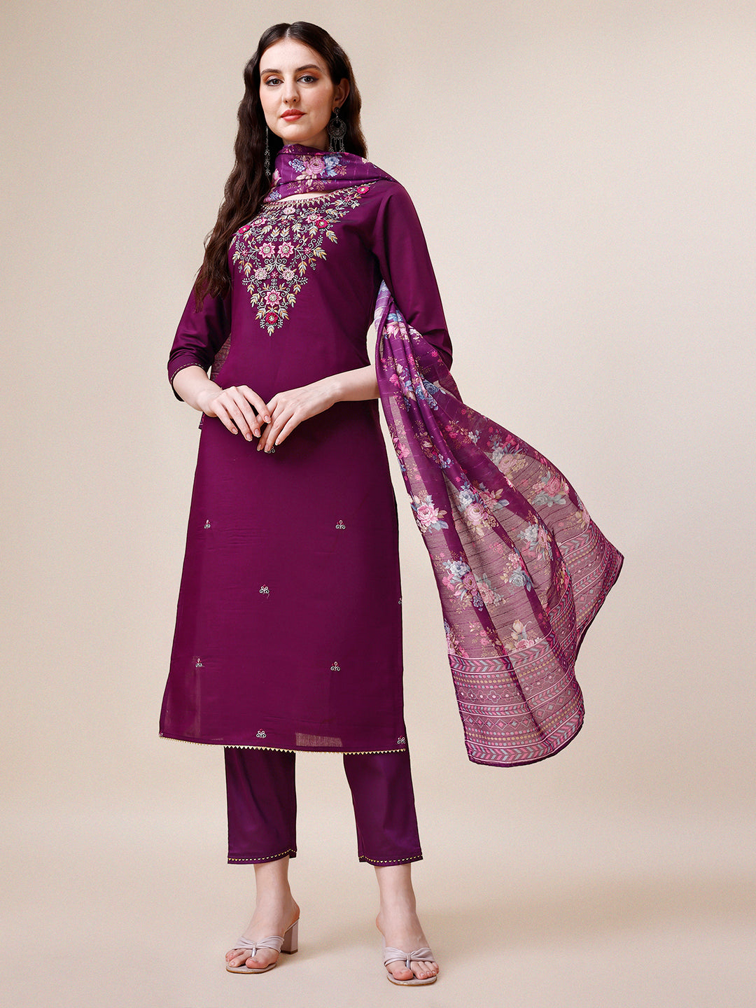 Purple Hand Embroidered Kurta With Pant & Printed Dupatta Set, Multicolor - Hiral Fashion
