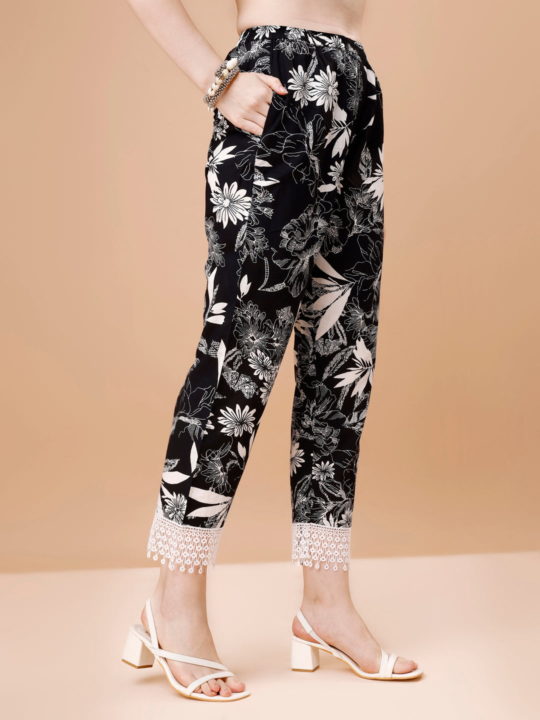 Leaf Printed & Lace Detailed Kurta & Pant Set, Multicolor - Hiral Fashion
