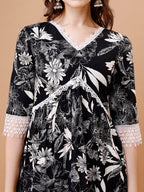 Leaf Printed & Lace Detailed Kurta & Pant Set, Multicolor - Hiral Fashion
