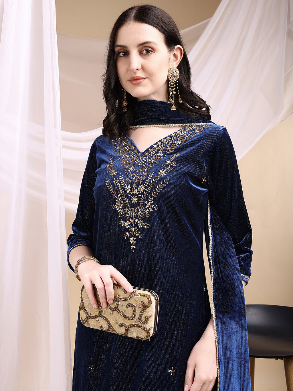 Hand Embroidered Kurta With Pant & Dupatta, Navy Blue - Hiral Fashion
