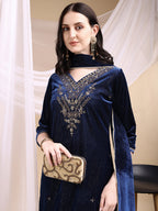 Hand Embroidered Kurta With Pant & Dupatta, Navy Blue - Hiral Fashion