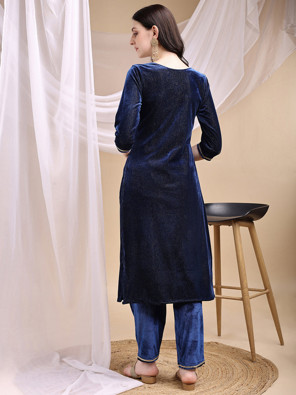 Hand Embroidered Kurta With Pant & Dupatta, Navy Blue - Hiral Fashion