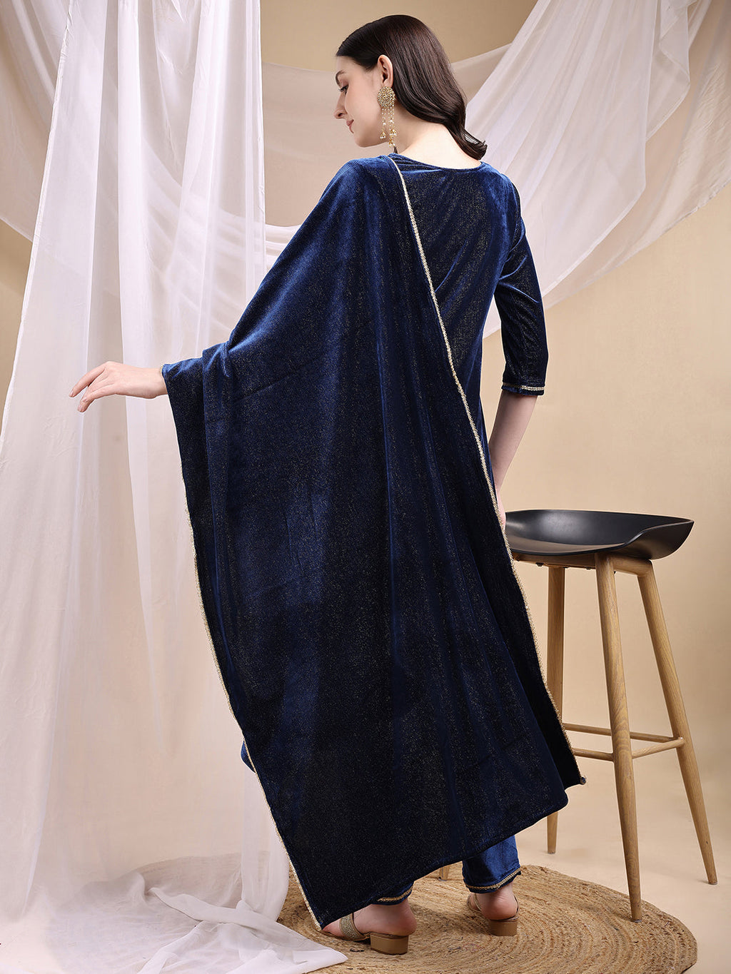 Hand Embroidered Kurta With Pant & Dupatta, Navy Blue - Hiral Fashion
