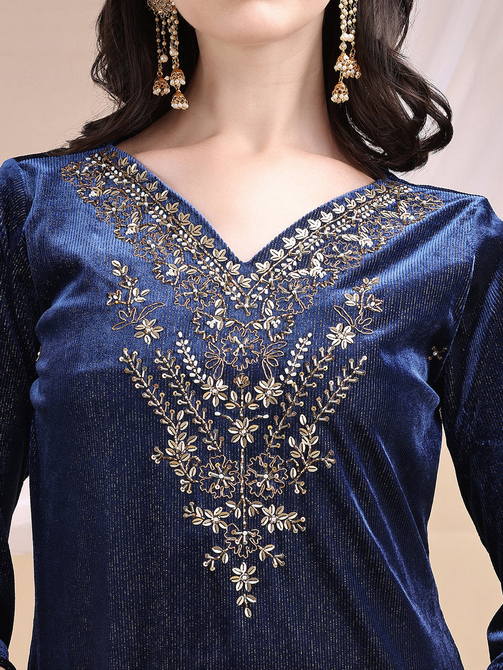 Hand Embroidered Kurta With Pant & Dupatta, Navy Blue - Hiral Fashion