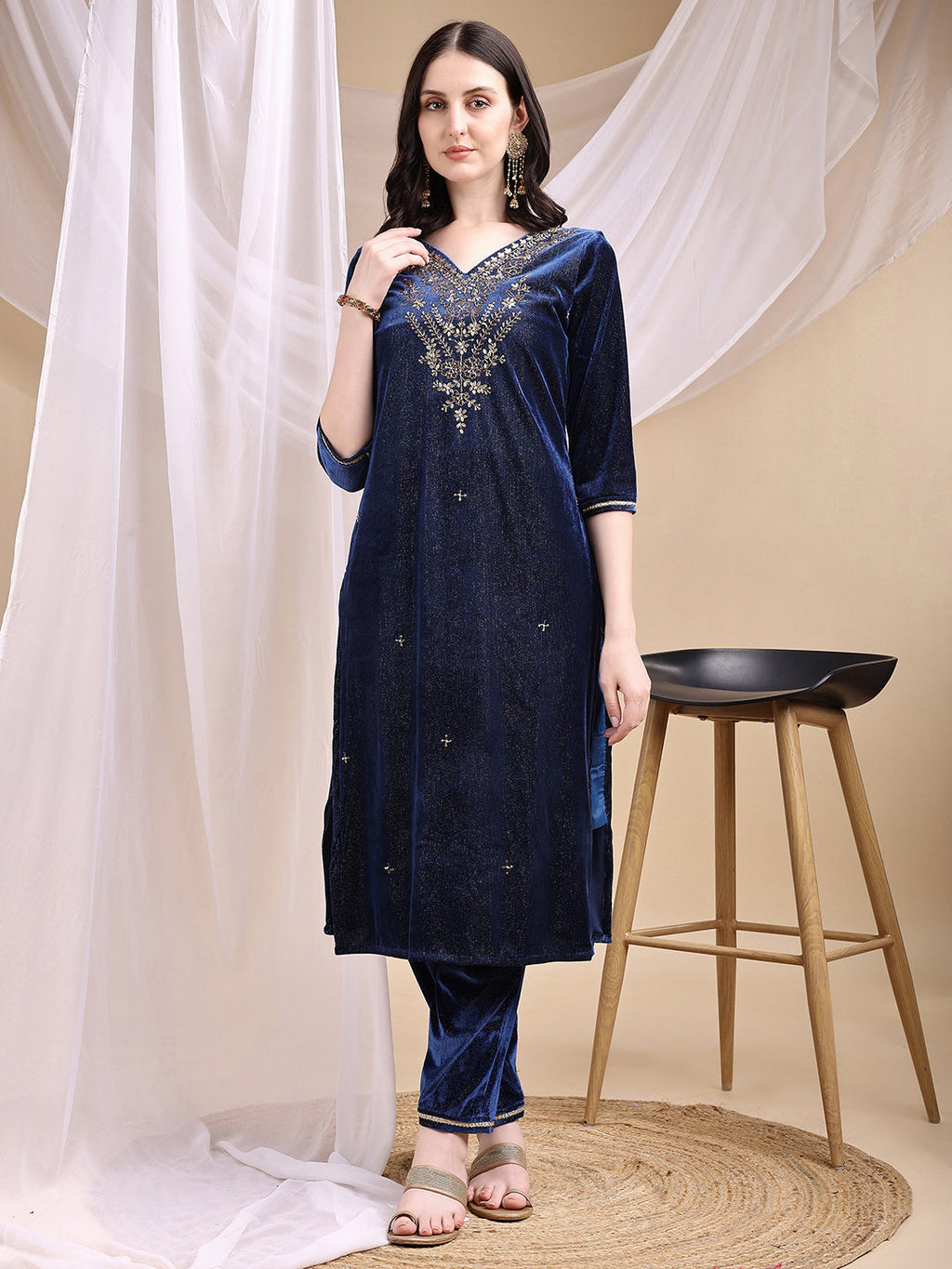 Hand Embroidered Kurta With Pant & Dupatta, Navy Blue - Hiral Fashion