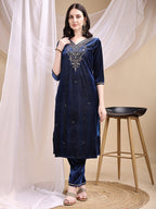 Hand Embroidered Kurta With Pant & Dupatta, Navy Blue - Hiral Fashion
