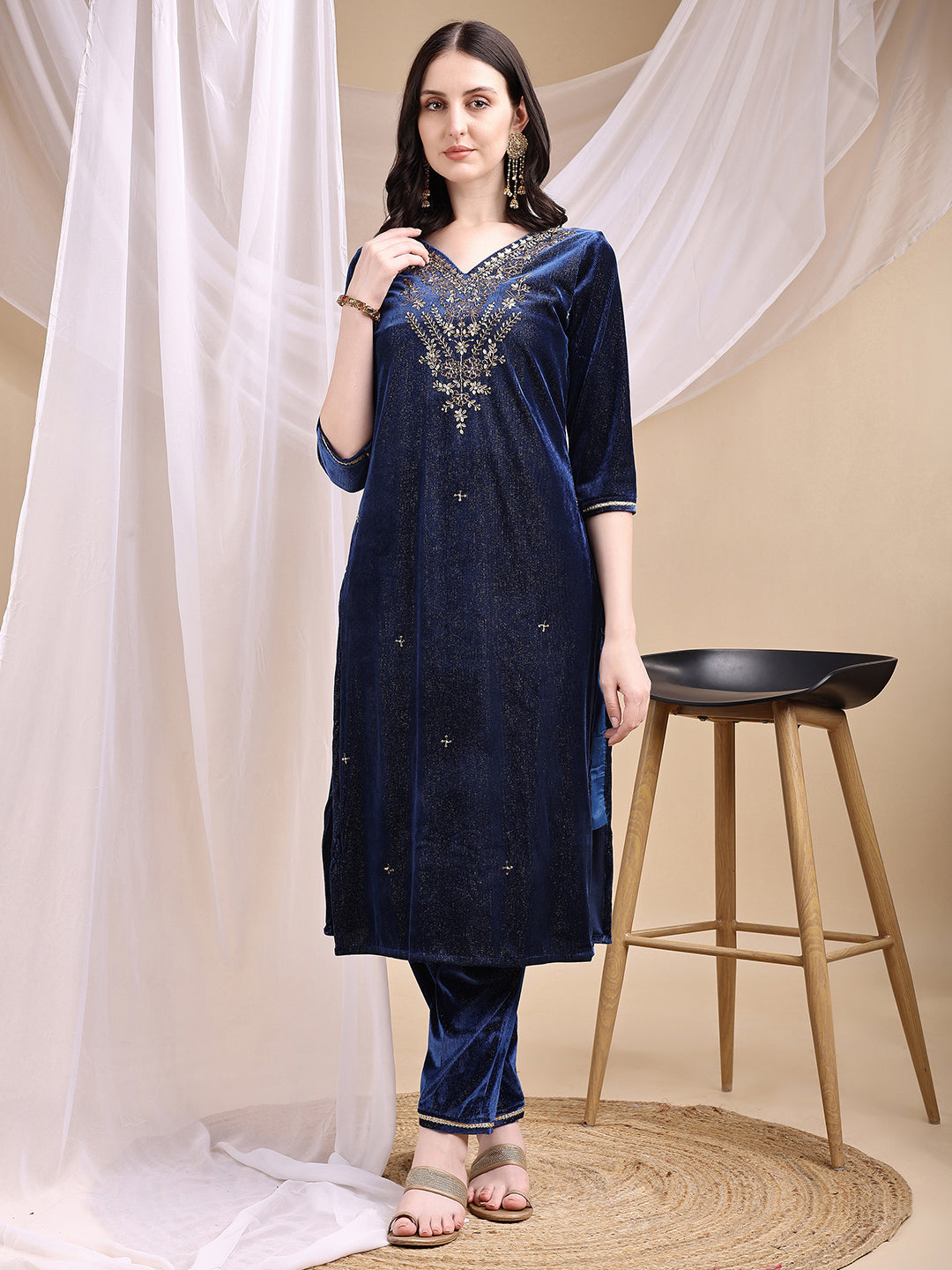 Hand Embroidered Kurta With Pant & Dupatta, Navy Blue - Hiral Fashion