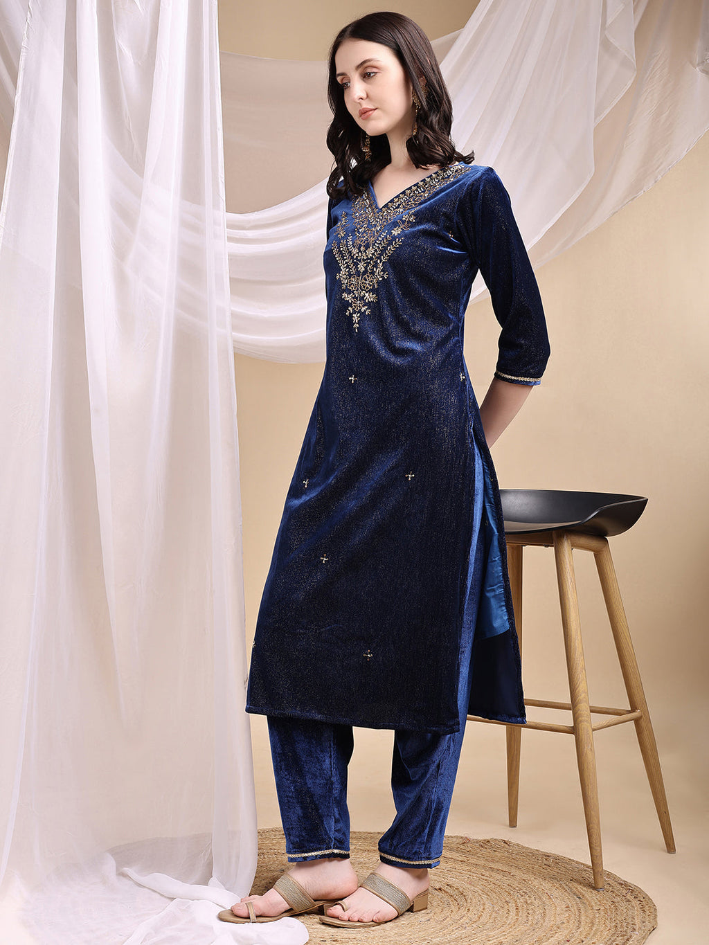 Hand Embroidered Kurta With Pant & Dupatta, Navy Blue - Hiral Fashion