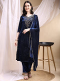 Hand Embroidered Kurta With Pant & Dupatta, Navy Blue - Hiral Fashion