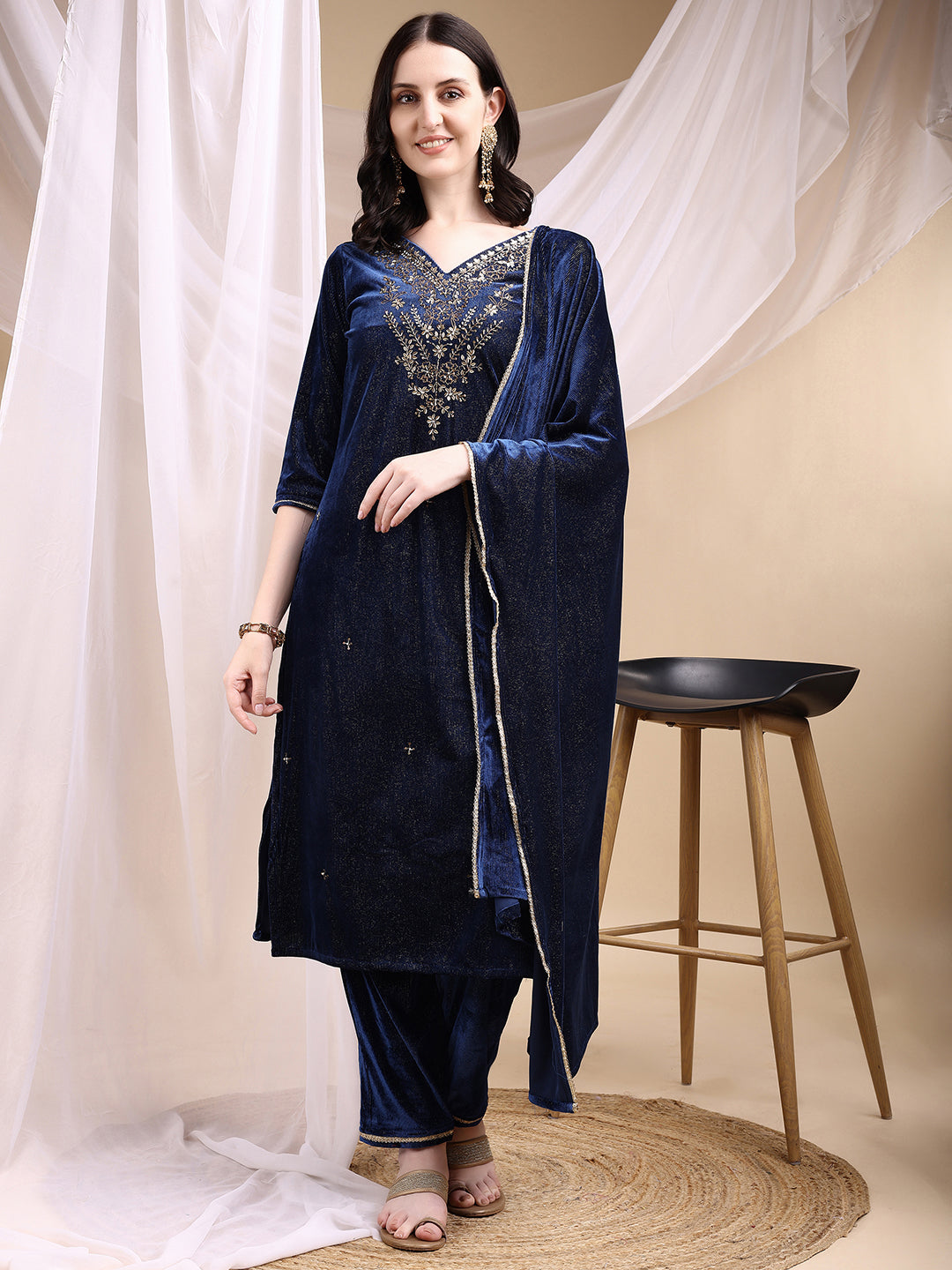 Hand Embroidered Kurta With Pant & Dupatta, Navy Blue - Hiral Fashion