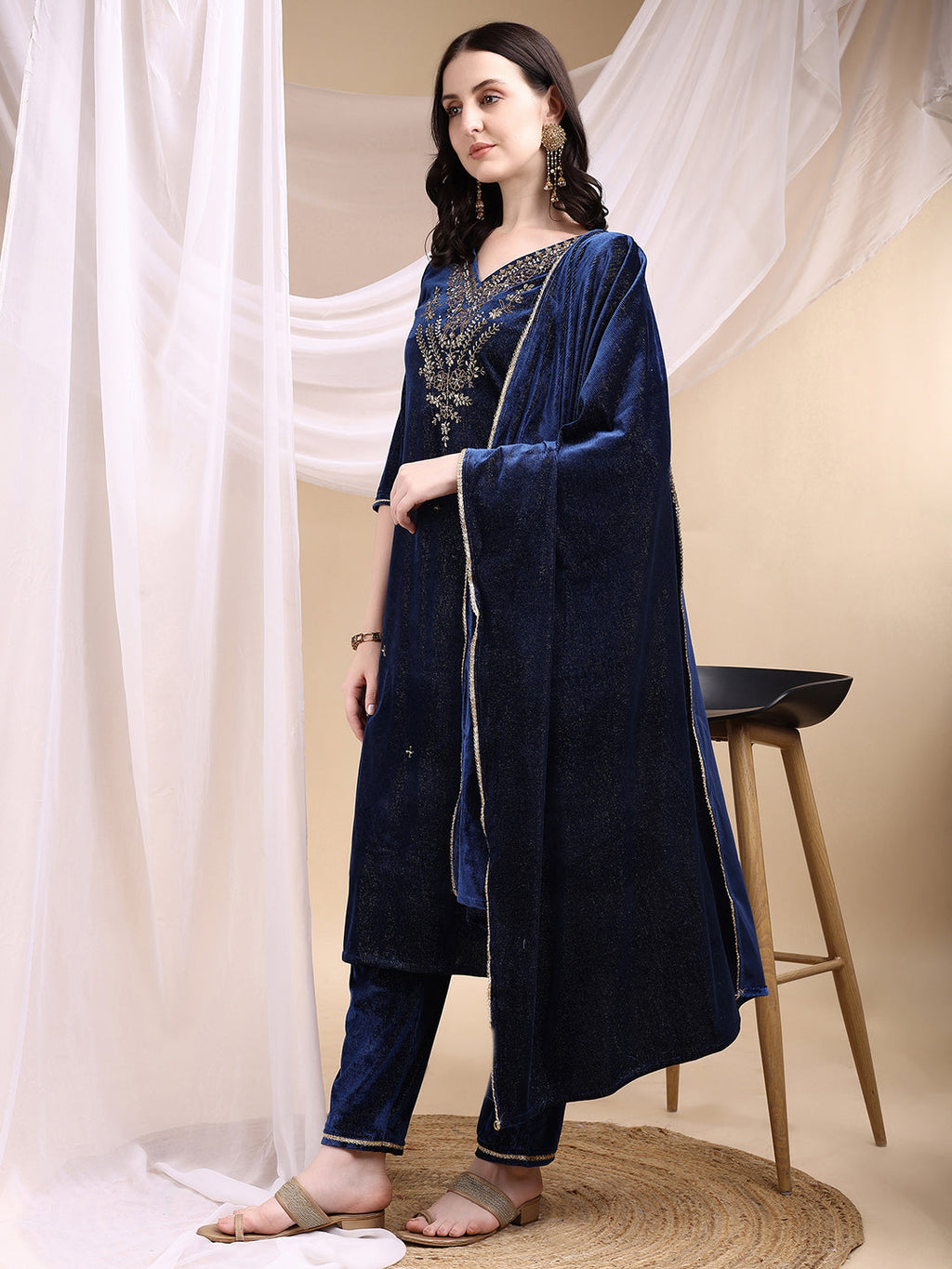 Hand Embroidered Kurta With Pant & Dupatta, Navy Blue - Hiral Fashion