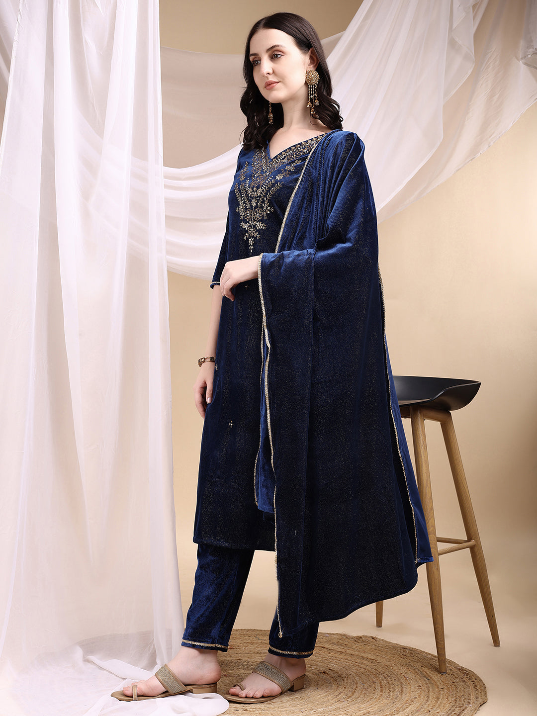 Hand Embroidered Kurta With Pant & Dupatta, Navy Blue - Hiral Fashion