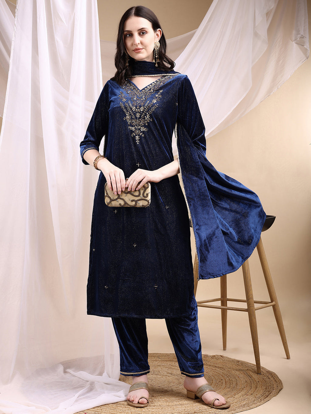 Hand Embroidered Kurta With Pant & Dupatta, Navy Blue - Hiral Fashion