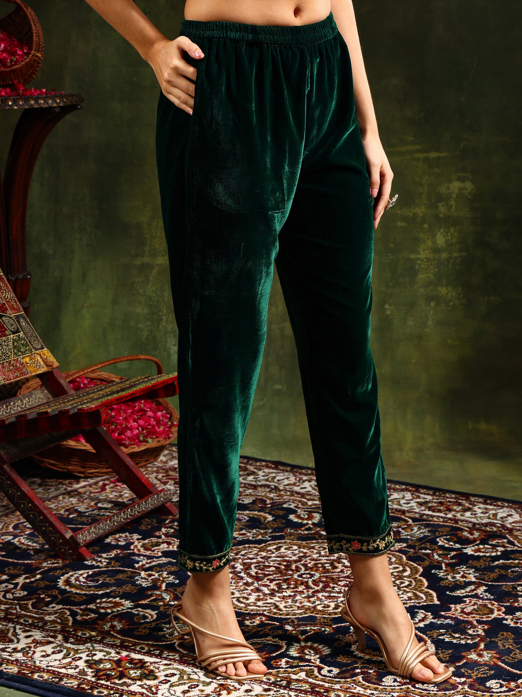 Embroidered Velvet Kurta With Pant & Dupatta, Green - Hiral Fashion