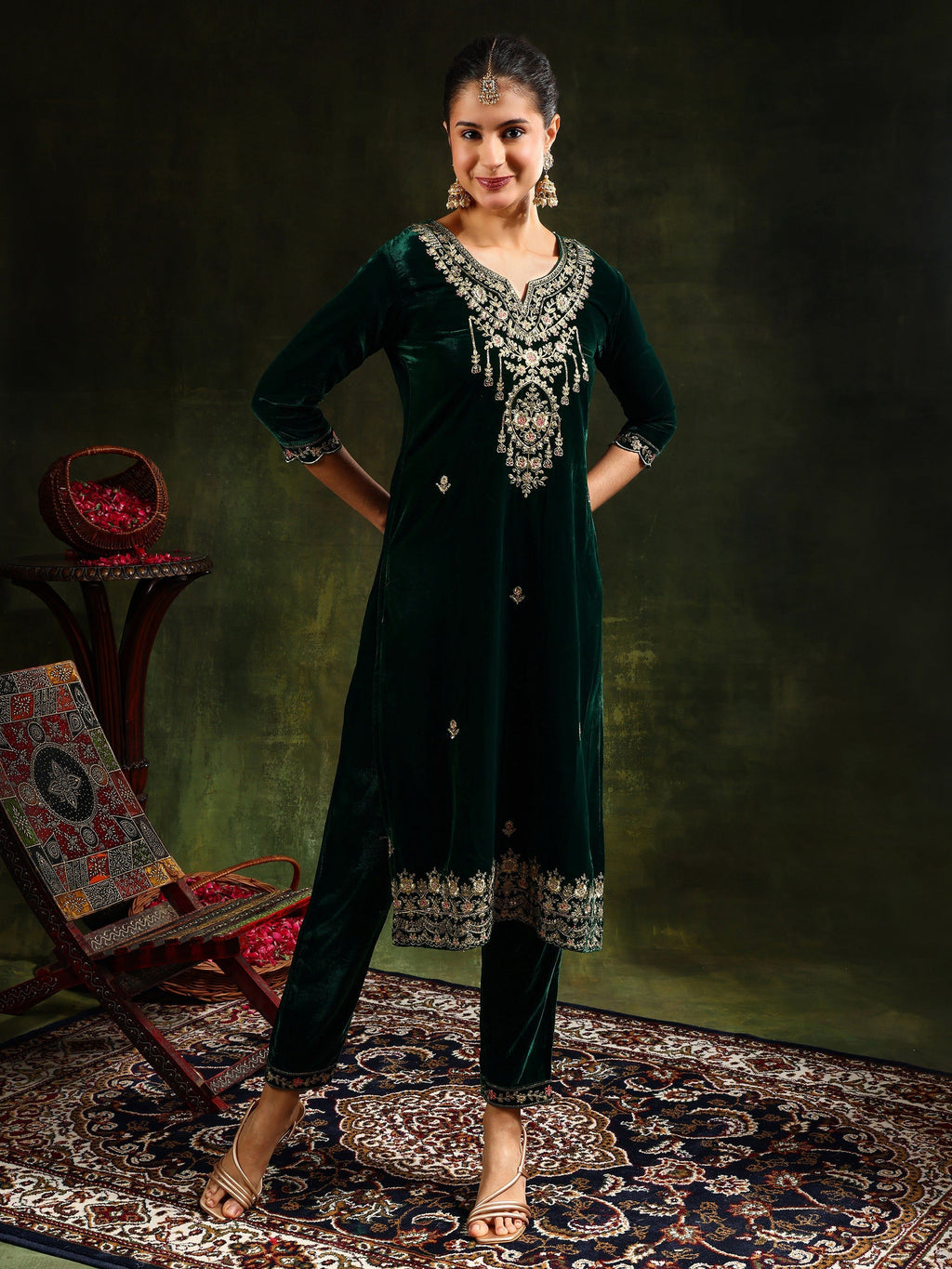 Embroidered Velvet Kurta With Pant & Dupatta, Green - Hiral Fashion