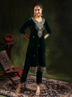 Embroidered Velvet Kurta With Pant & Dupatta, Green - Hiral Fashion