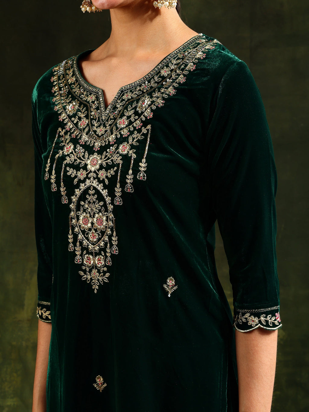 Embroidered Velvet Kurta With Pant & Dupatta, Green - Hiral Fashion