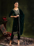 Embroidered Velvet Kurta With Pant & Dupatta, Green - Hiral Fashion