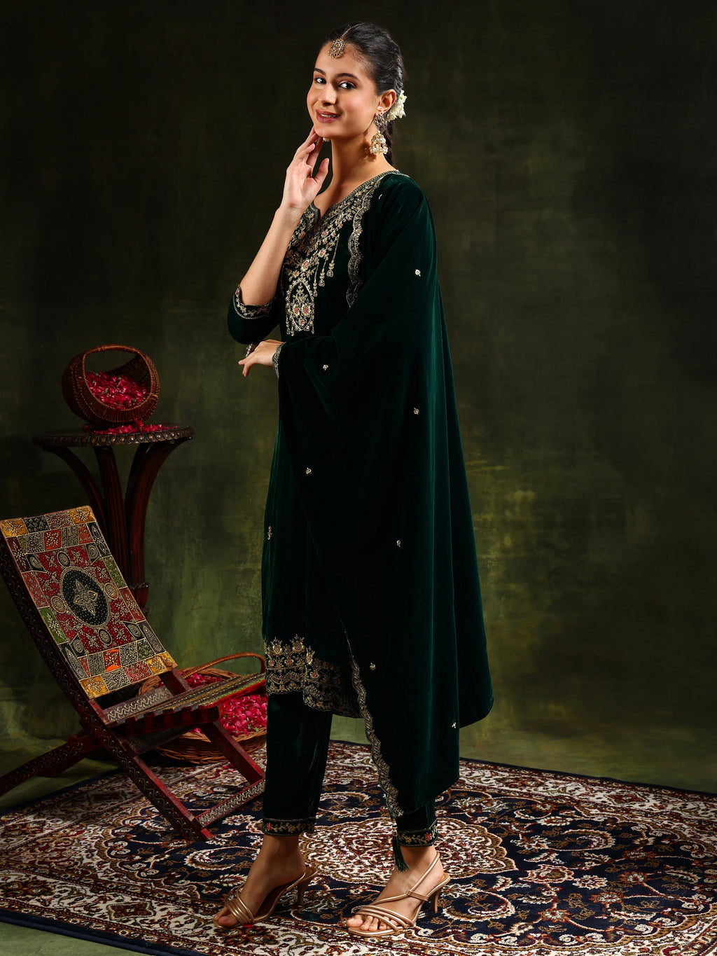 Embroidered Velvet Kurta With Pant & Dupatta, Green - Hiral Fashion