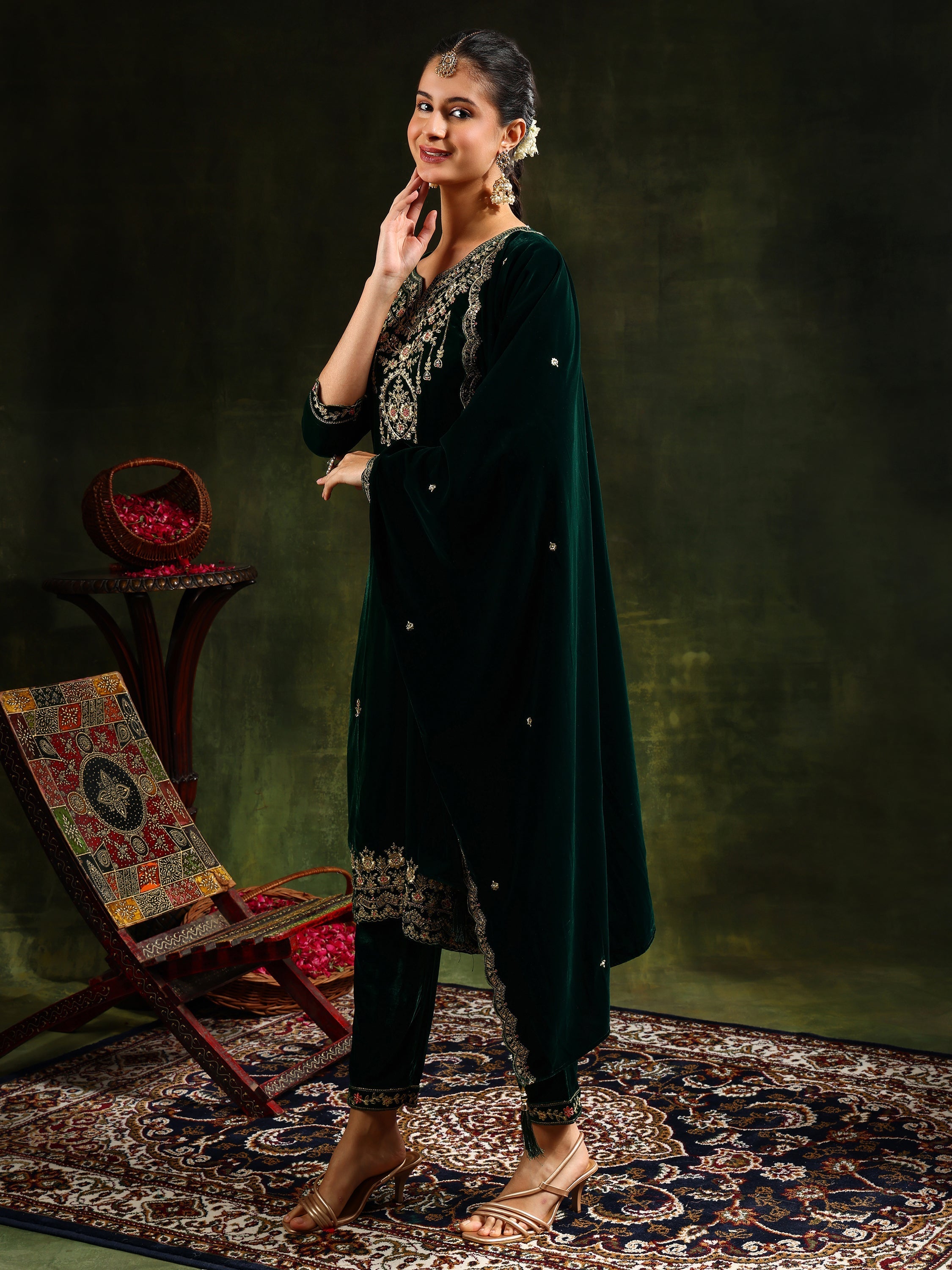 Embroidered Velvet Kurta With Pant & Dupatta, Green - Hiral Fashion
