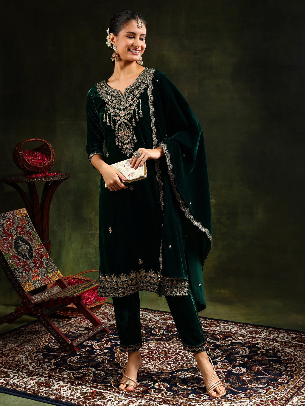 Embroidered Velvet Kurta With Pant & Dupatta, Green - Hiral Fashion
