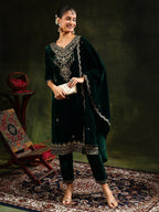 Embroidered Velvet Kurta With Pant & Dupatta, Green - Hiral Fashion