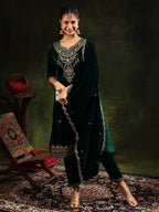 Embroidered Velvet Kurta With Pant & Dupatta, Green - Hiral Fashion