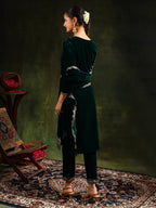 Embroidered Velvet Kurta With Pant & Dupatta, Green - Hiral Fashion