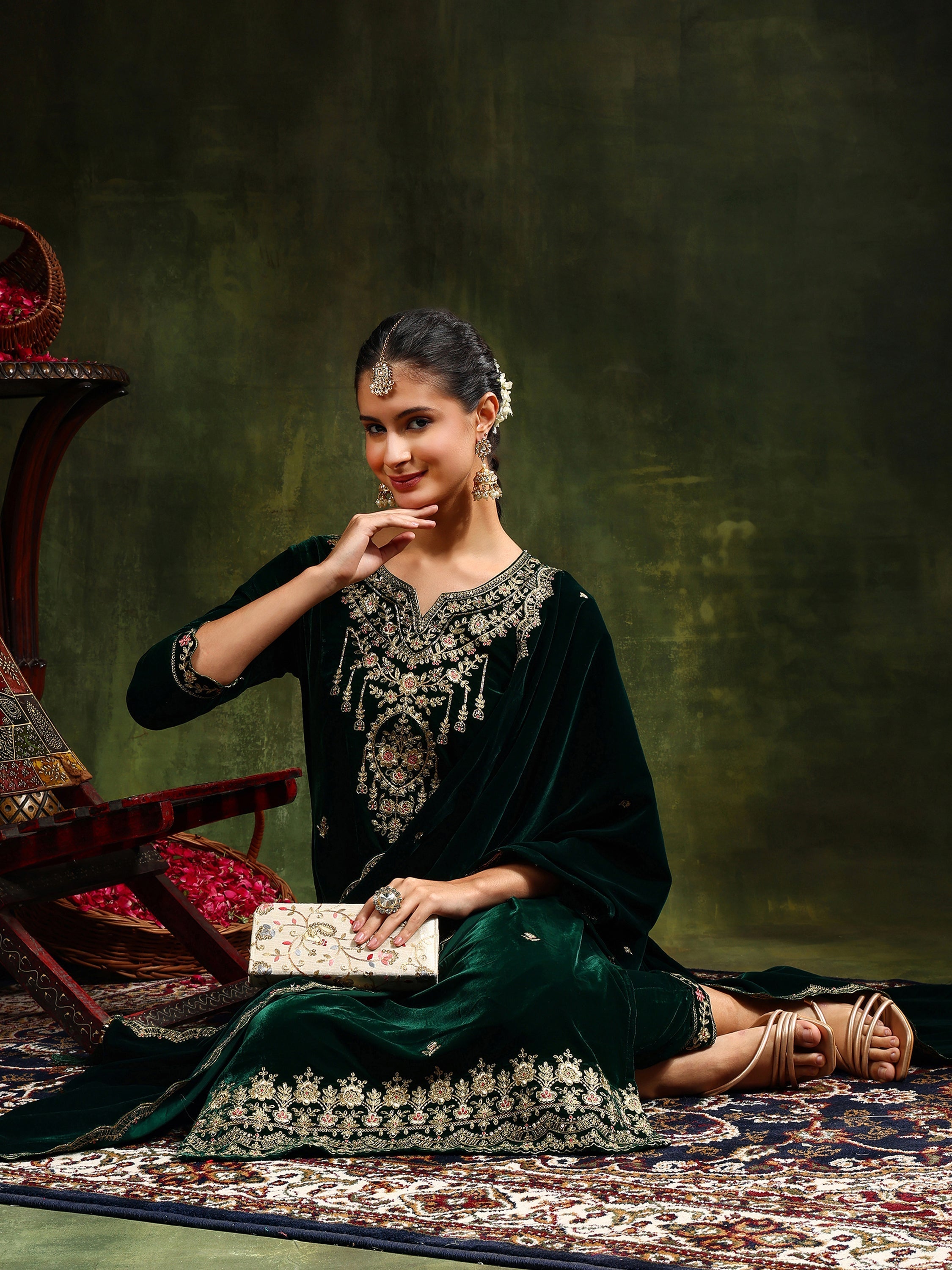 Embroidered Velvet Kurta With Pant & Dupatta, Green - Hiral Fashion