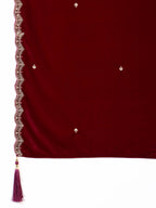 Embroidered Velvet Kurta With Pant & Dupatta, Maroon - Hiral Fashion - Distacart