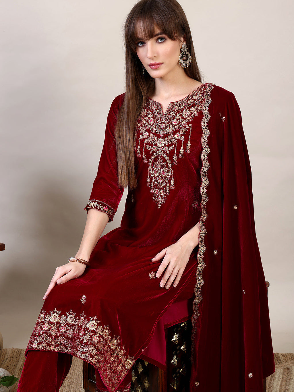 Embroidered Velvet Kurta With Pant & Dupatta, Maroon - Hiral Fashion - Distacart