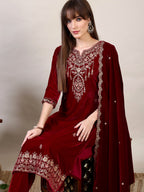 Embroidered Velvet Kurta With Pant & Dupatta, Maroon - Hiral Fashion - Distacart