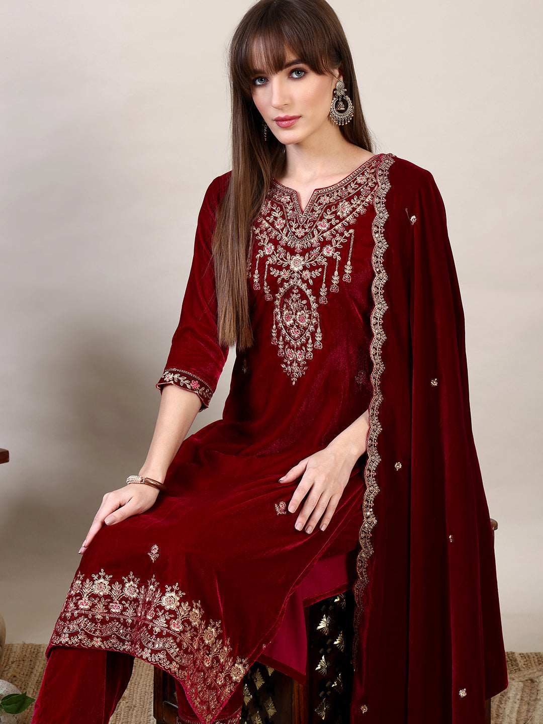 Embroidered Velvet Kurta With Pant & Dupatta, Maroon - Hiral Fashion - Distacart