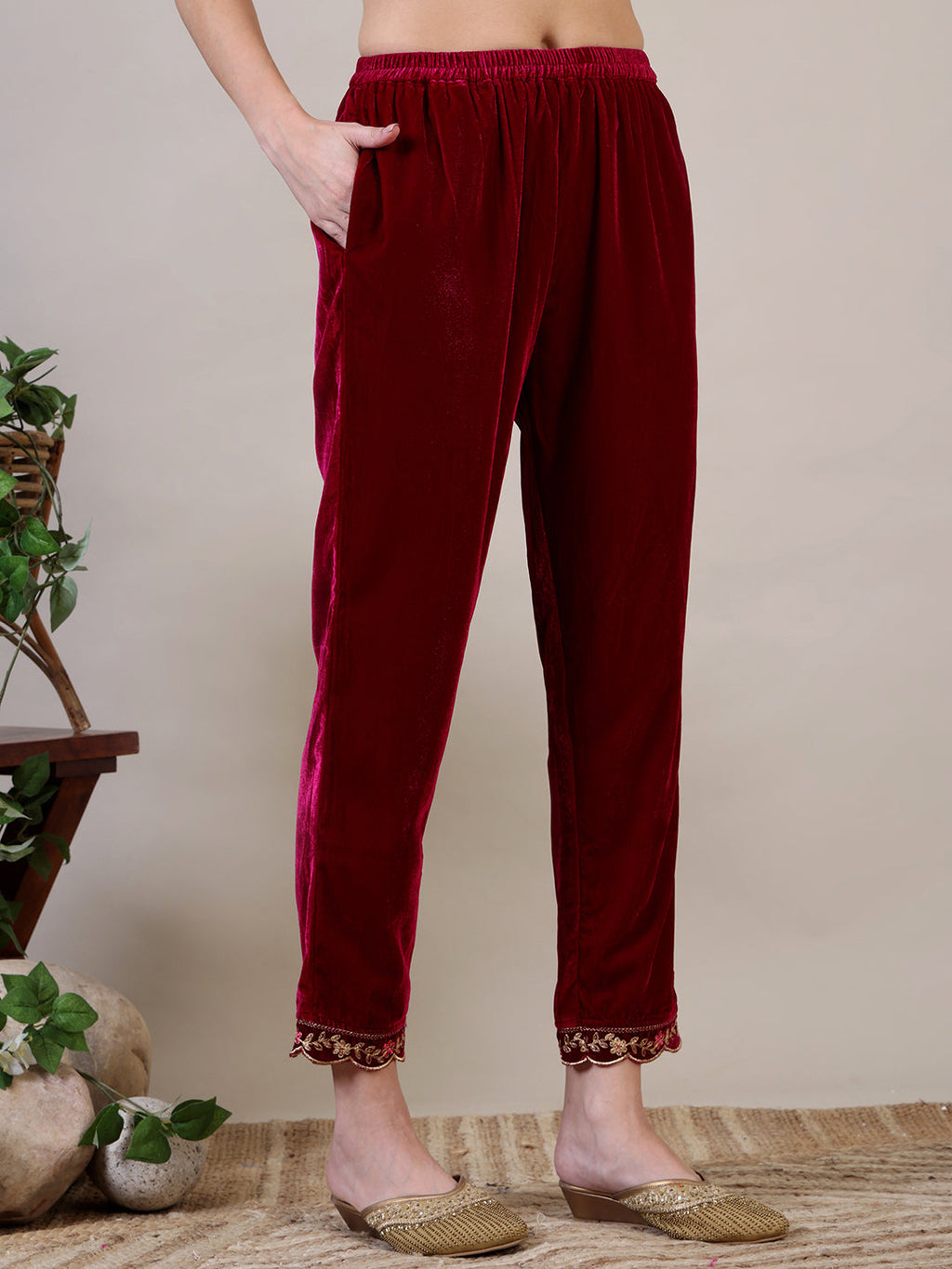 Embroidered Velvet Kurta With Pant & Dupatta, Maroon - Hiral Fashion - Distacart