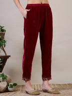 Embroidered Velvet Kurta With Pant & Dupatta, Maroon - Hiral Fashion - Distacart