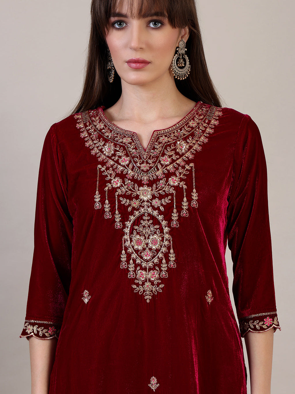 Embroidered Velvet Kurta With Pant & Dupatta, Maroon - Hiral Fashion - Distacart