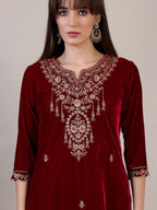 Embroidered Velvet Kurta With Pant & Dupatta, Maroon - Hiral Fashion - Distacart