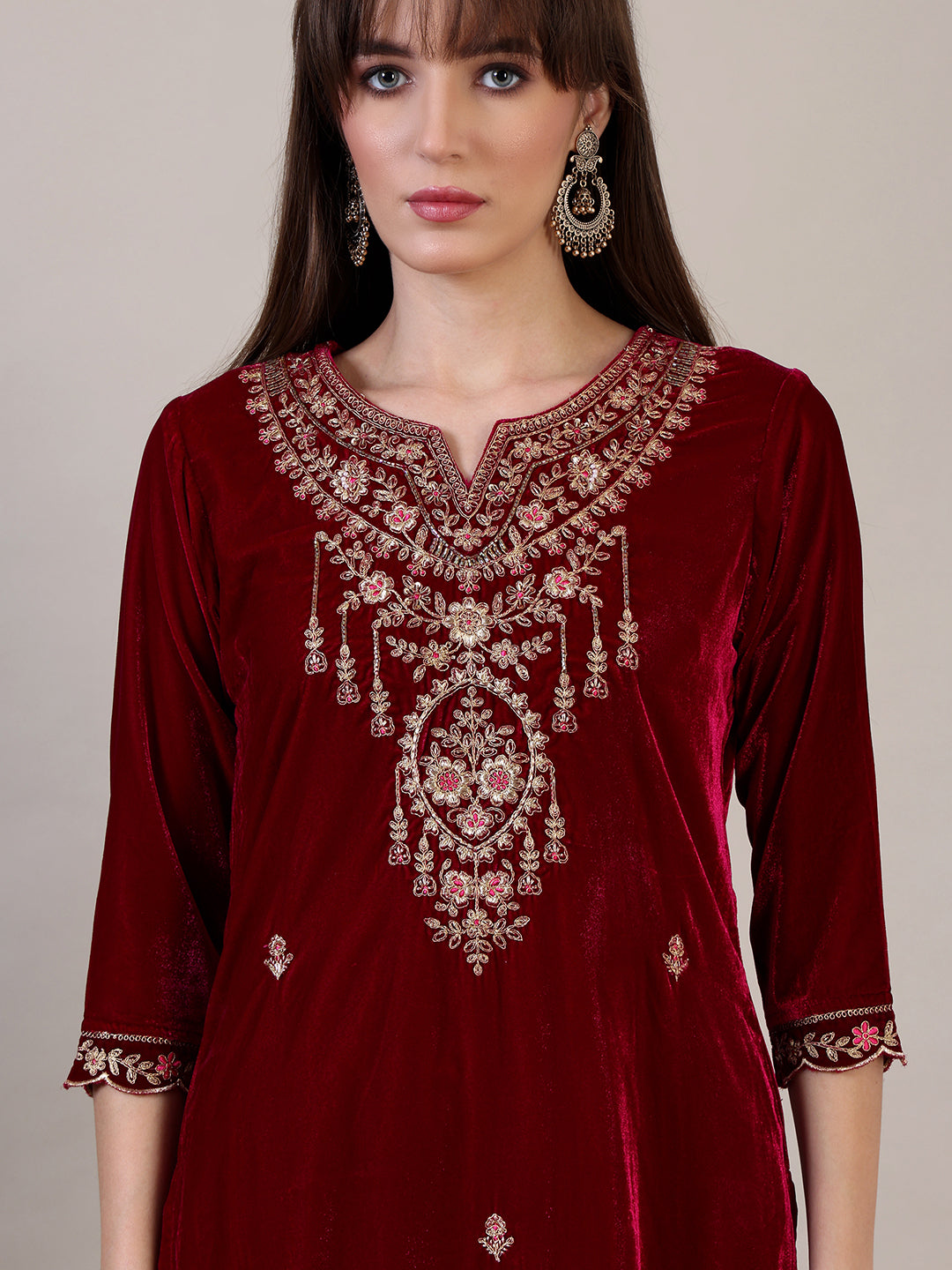 Embroidered Velvet Kurta With Pant & Dupatta, Maroon - Hiral Fashion - Distacart
