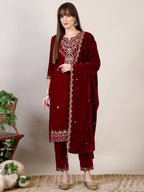 Embroidered Velvet Kurta With Pant & Dupatta, Maroon - Hiral Fashion - Distacart