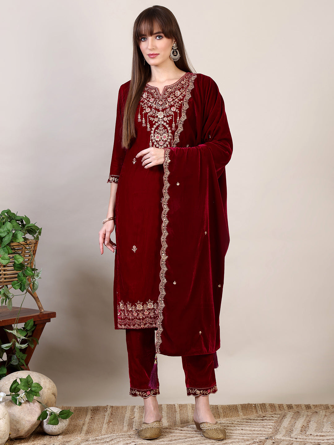 Embroidered Velvet Kurta With Pant & Dupatta, Maroon - Hiral Fashion - Distacart
