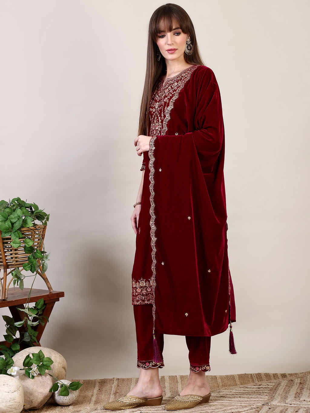 Embroidered Velvet Kurta With Pant & Dupatta, Maroon - Hiral Fashion - Distacart