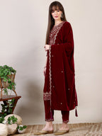 Embroidered Velvet Kurta With Pant & Dupatta, Maroon - Hiral Fashion - Distacart